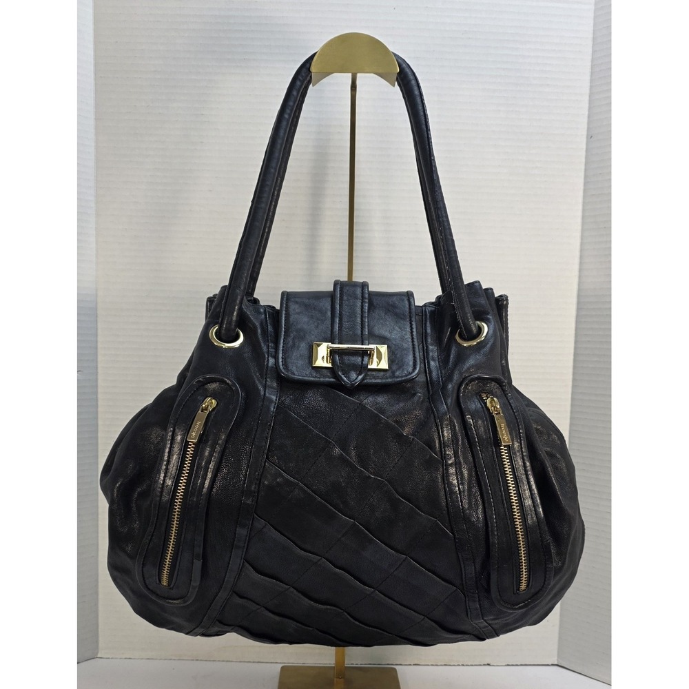 Treesje Shoulder Hobo Drawstring Bag In Black Leather